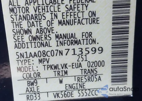 2007 Nissan Armada Le from USA, damaged, VIN 5N1AA08C07N713599